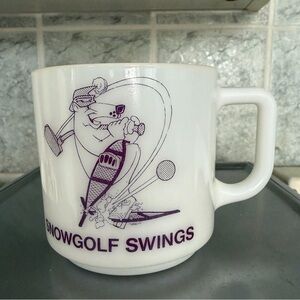 Vintage milk glass mug “ snowgolf swings”